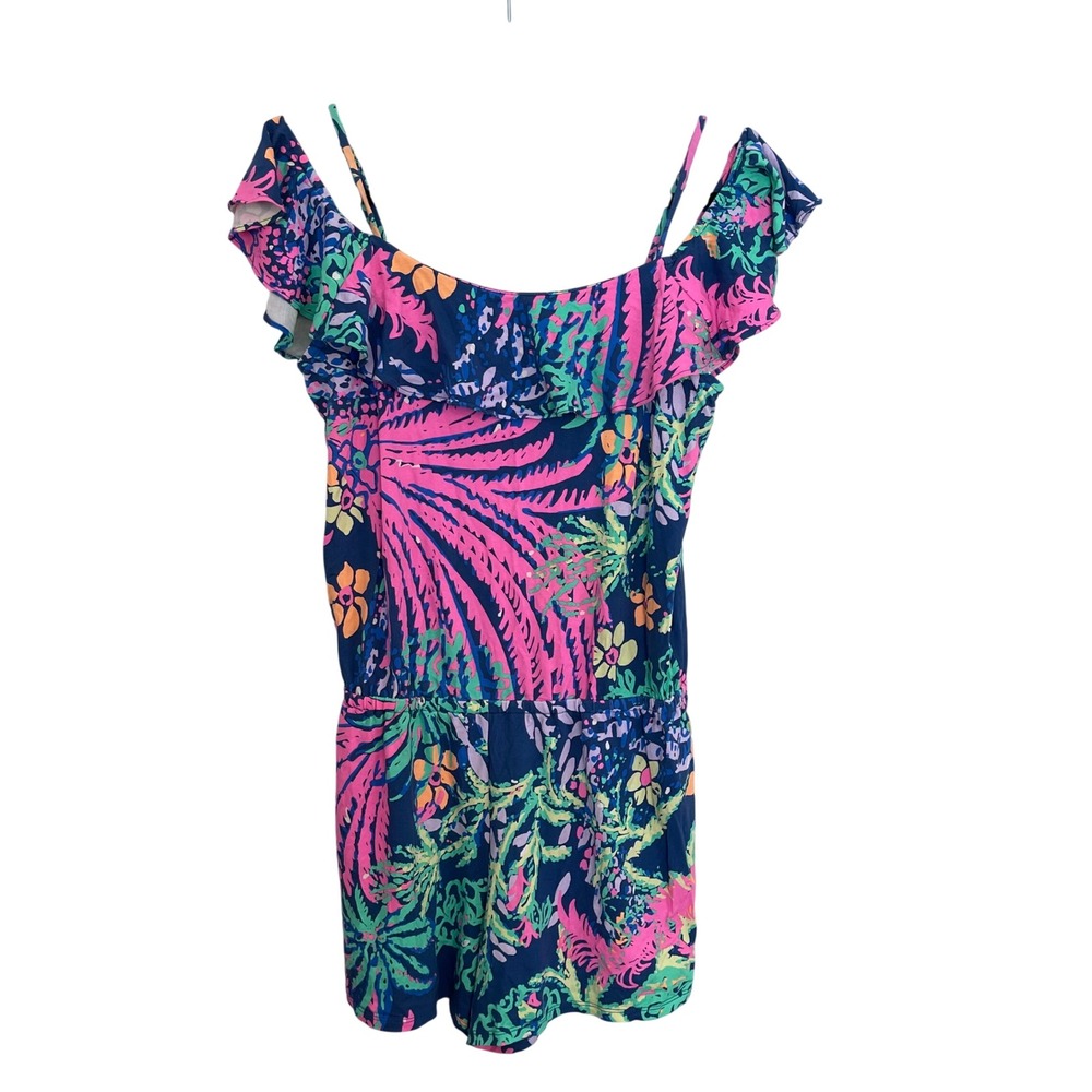 Lilly Pulitzer Womens M Tropical Floral Cold Shoulder Ruffle Romper Blue Pink